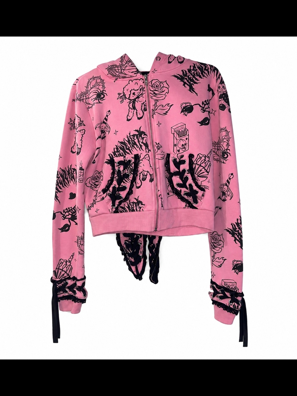 NWOT Current Mood Pink Graphic Lace-Up Bomber Hoodie